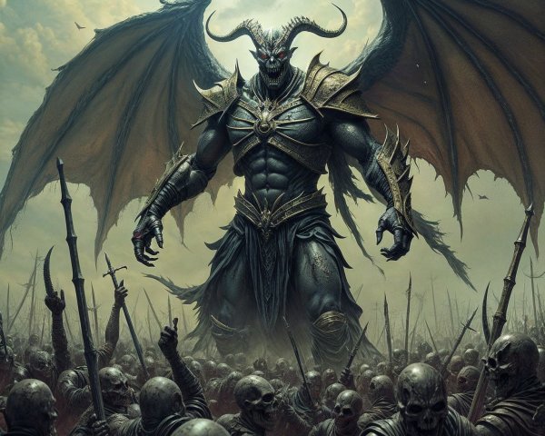 Muscular creature with horns and wings among skeletal warriors