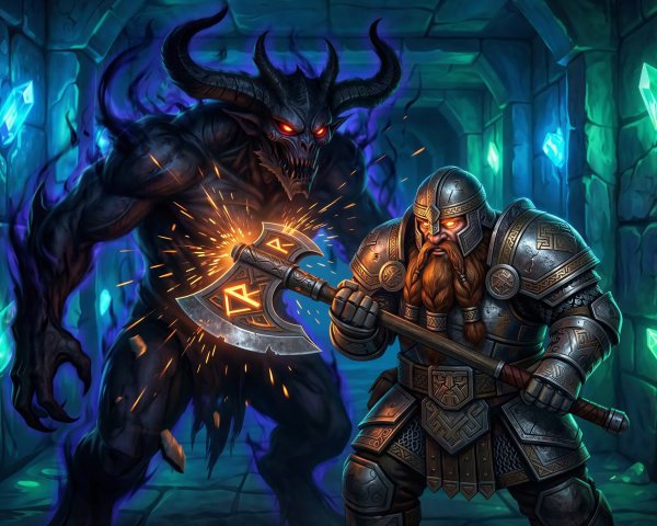 Dwarf in Battle Armor Facing a Black-Skinned Demon
