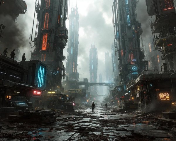 Futuristic cityscape with illuminated skyscrapers and fog