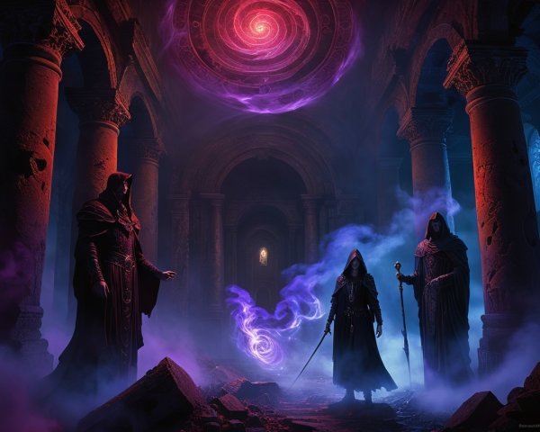 Ancient ruins with cloaked figures and a purple vortex