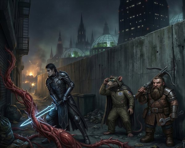 Medieval Scene with Knight, Rat, and Dwarf Characters