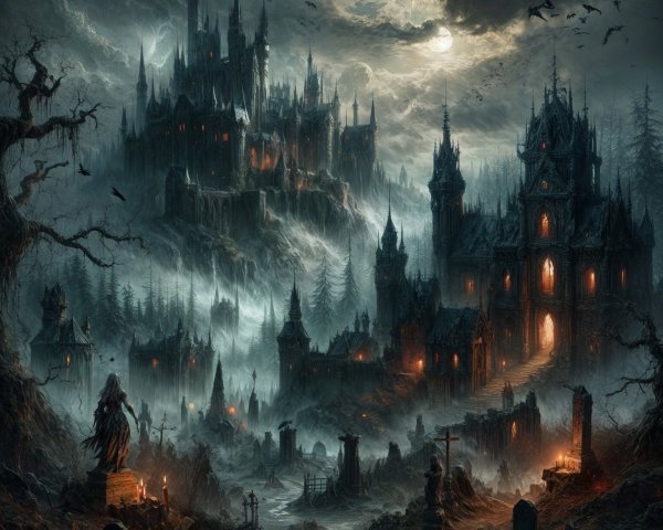 Gothic Landscape with Castle and Eerie Atmosphere