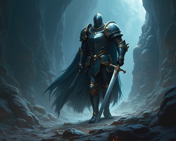 Knight in Gleaming Armor Inside Dimly Lit Cave