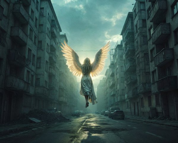 Ethereal Wings in a Misty Urban Landscape