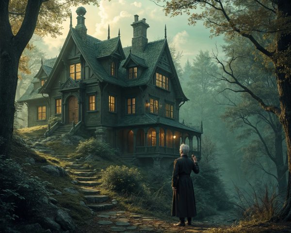 Victorian Mansion Surrounded by Trees and Mist