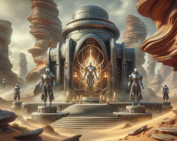 Futuristic temple amid red rock formations and dunes