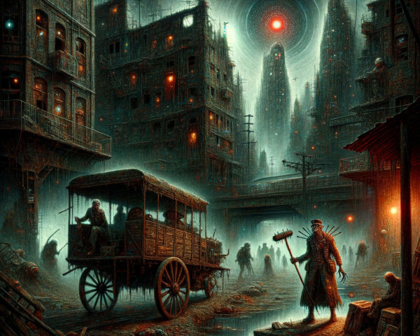 Desolate cityscape with eerie red light and shadows