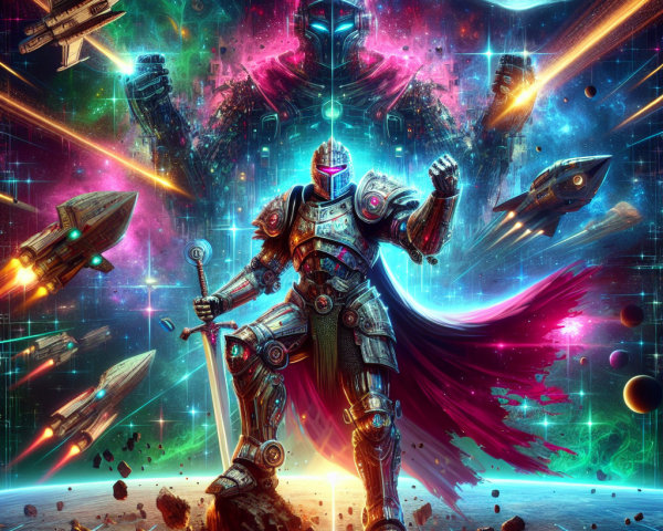 Futuristic knight in armor with cosmic backdrop and robots