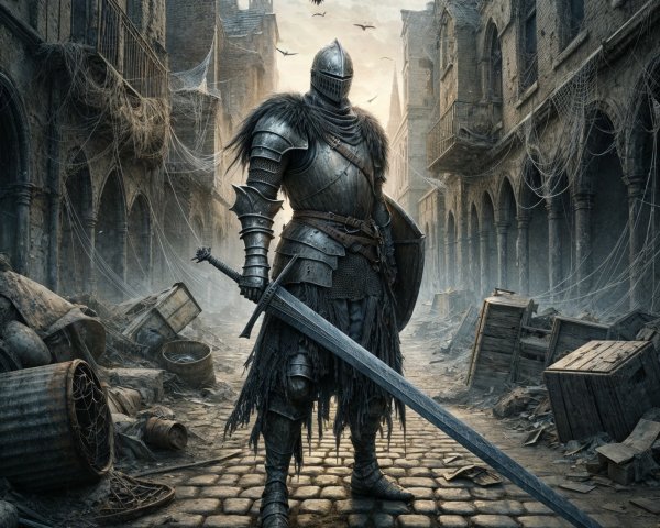 Knight in Weathered Armor on Abandoned Cobblestone Street