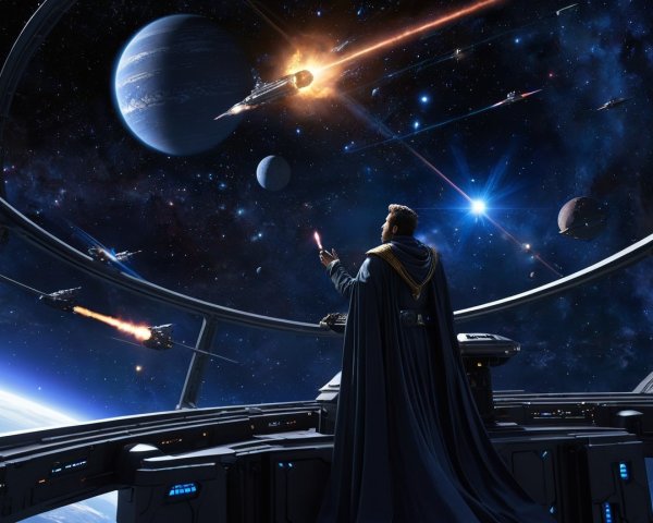 Futuristic Space Station Scene with Cosmic Battle