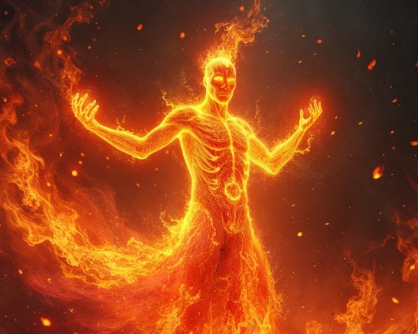 Fiery Figure Surrounded by Swirling Flames and Energy