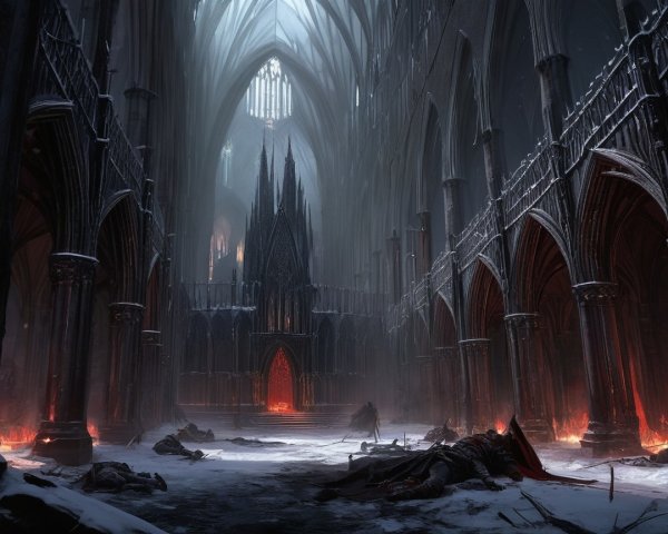 Gothic Cathedral with Snow and Flickering Flames