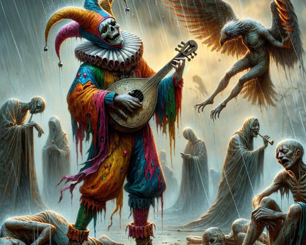 Skeletal Jester Playing Lute in Surreal Rain Scene