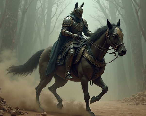 Knight in Armor Riding Through Misty Forest Landscape
