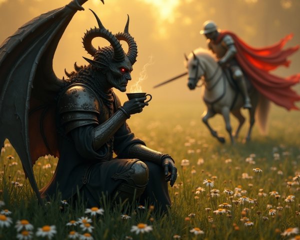 Demon in Armor with Knight in Misty Landscape