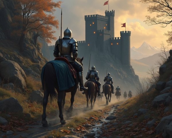 Armored Knights Journey to a Medieval Castle at Dusk