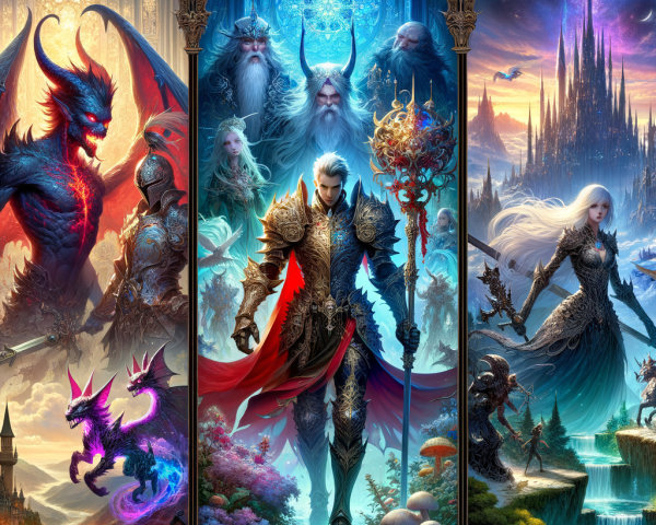 Fantasy Artwork with Central Armored Figure and Beings