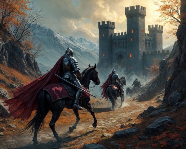 Armored Knights Riding Through Rugged Landscape Scene