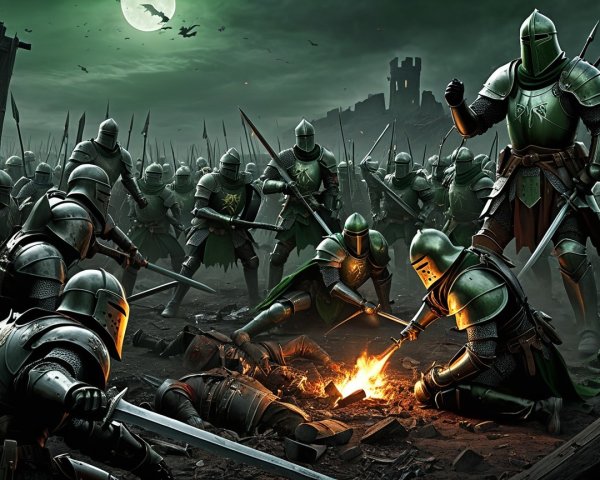 Armored Knights Battle Under Full Moon in Dark Atmosphere