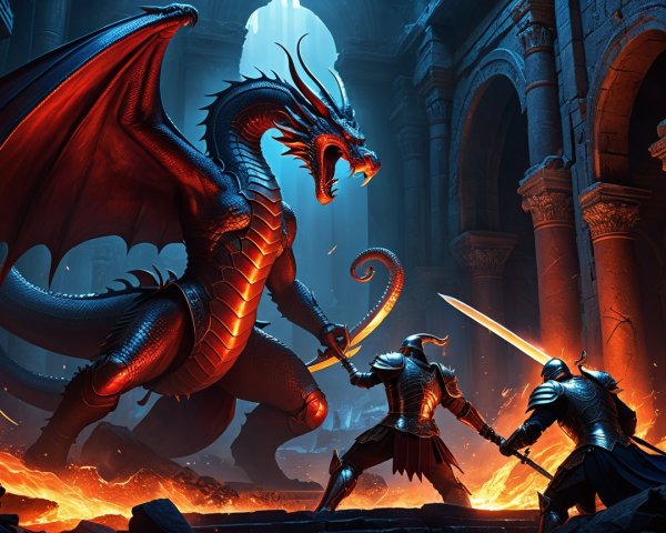 Red-Scaled Dragon Confronts Knights in Ancient Ruins