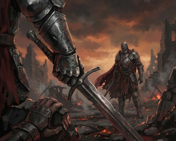 Knight in Silver Armor on Desolate Lava Battlefield