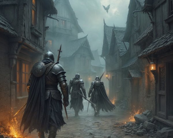 Armored Knights in a Misty Medieval Village Scene
