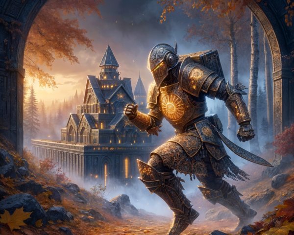 Armored Knight and Castle in Autumn Twilight Scene