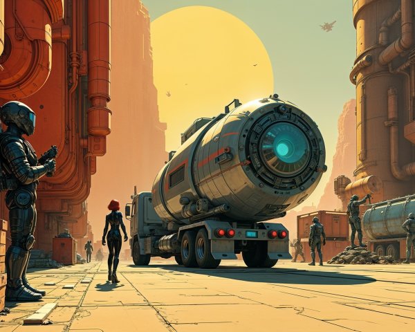 Futuristic Landscape with Dark-Haired Figure and Vehicle