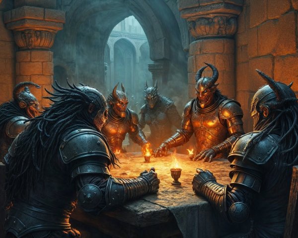 Armored Figures in Dim Stone Chamber Around Flame