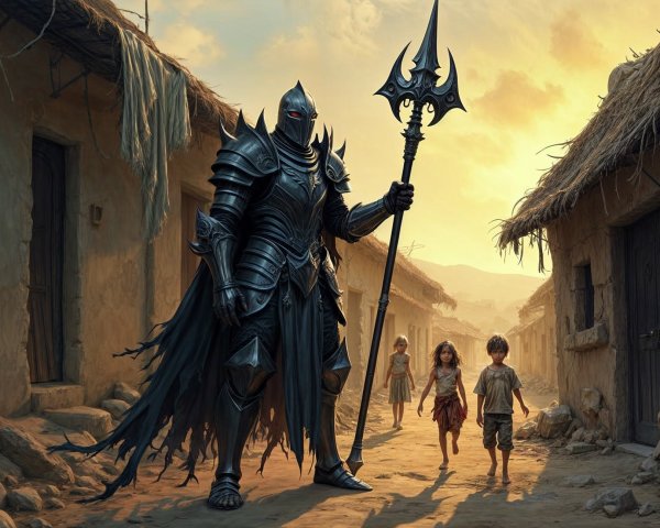 Armored Sentinel in a Desolate Village at Sunset
