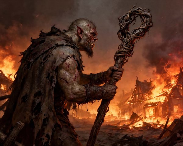 Muscular Ogre Warrior in Fiery Ruins Scene