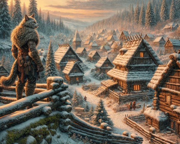 Snowy Village at Sunrise with Wolf Figure and Pines