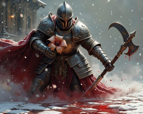 Armored Knight in Snowy Landscape with Hibiscus Flower