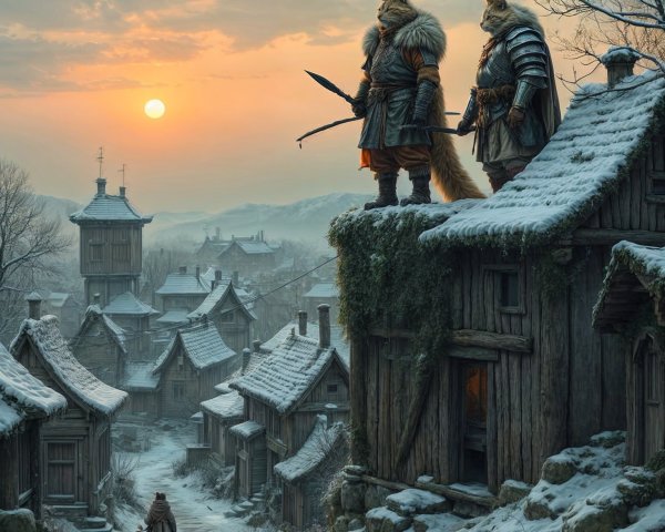 Fox Warriors Surveying a Snow-Covered Village at Sunset