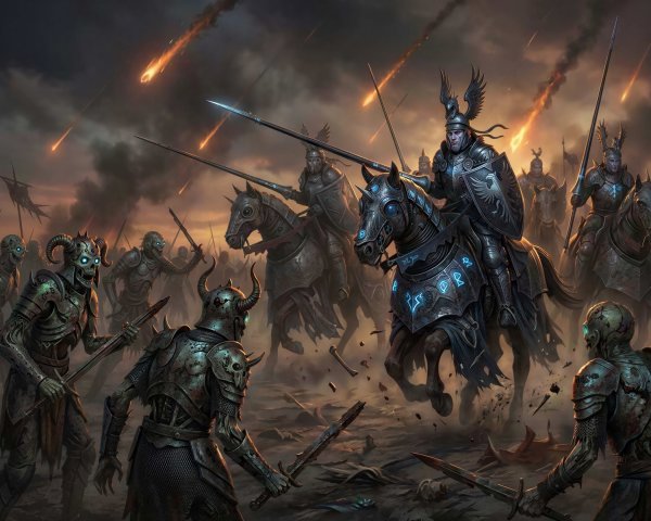 Epic Battle Scene with Armored Knights and Undead Warriors