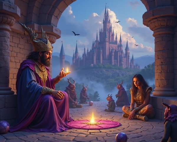 Regal Figure on Throne with Glowing Orb and Castle