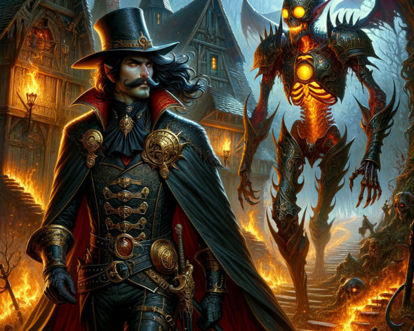 Mysterious Figure in Cloak Amidst Dark Landscape