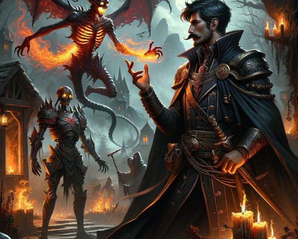 Cloaked Figure Confronts Demon in Dark Setting