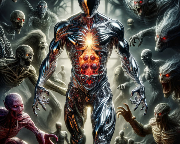 Futuristic humanoid figure with shadowy creatures and dark shapes