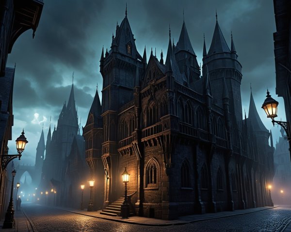 Gothic Twilight Street Scene with Castle Architecture