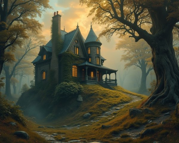 Eerie House on a Hill Surrounded by Twisted Trees