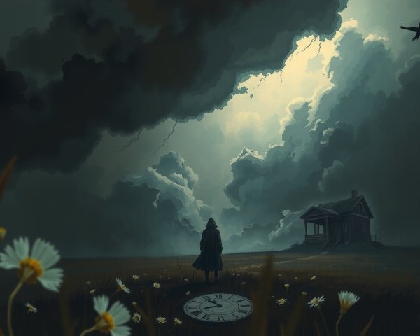 Ominous Landscape with Stormy Sky and Antique Clock