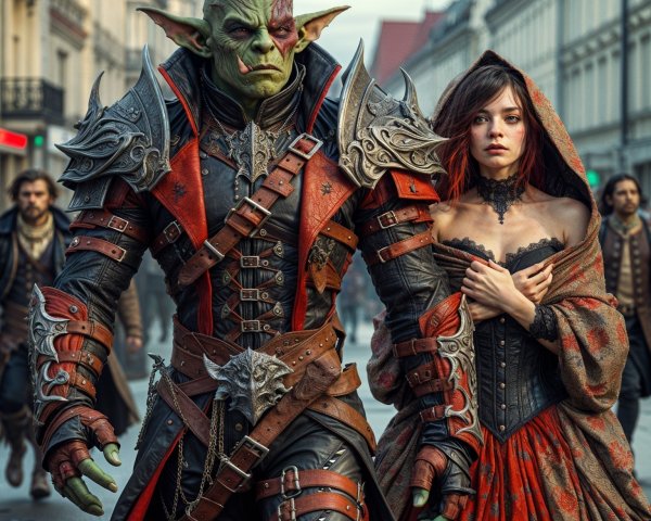 Orc in Armor and Woman in Red Gown on Bustling Street