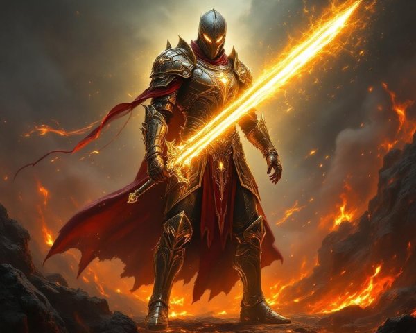 Warrior in Golden Armor with Fiery Sword and Lava Background