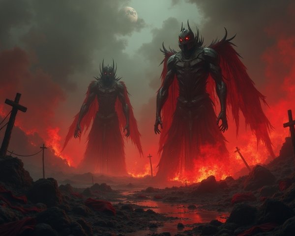 Dark Figures in Fiery Landscape with Ominous Atmosphere