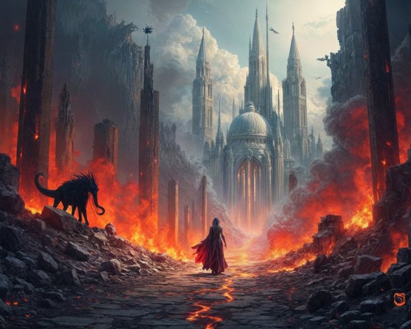 Cloaked Figure Approaches Fiery Cathedral in Ruins