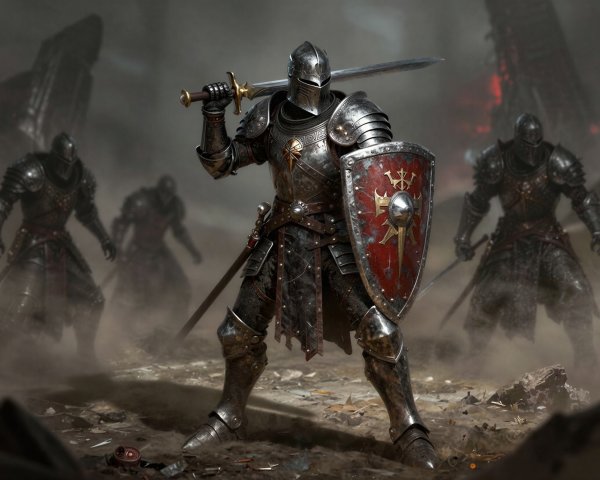 Knight in Silver Armor with Shield on Battleground