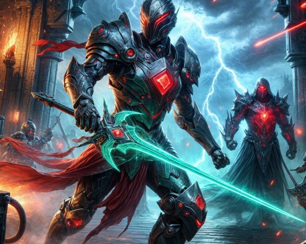 Knight in Dark Armor with Glowing Sword and Stormy Sky