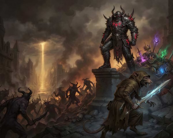 Epic Fantasy Scene of Armored Warrior in Ruins