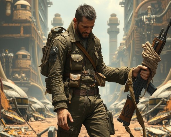 Soldier in Dystopian Industrial Landscape with Rifle